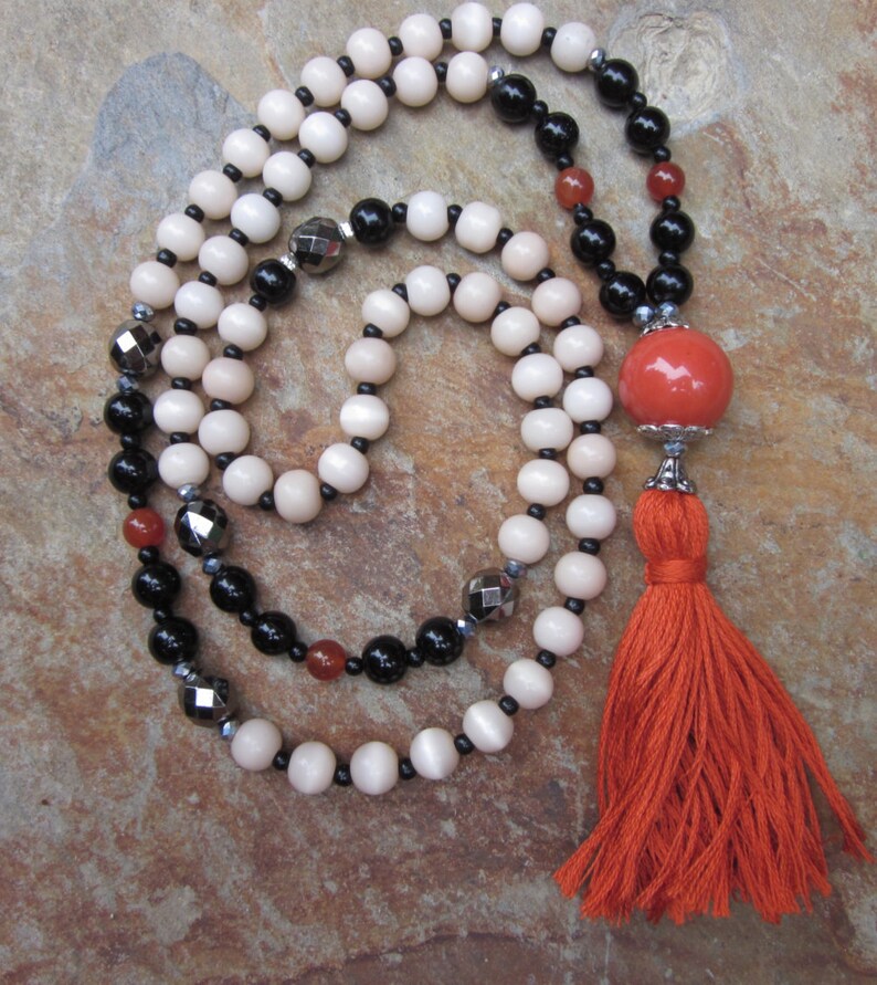 long beaded tassel necklace black orange necklace agate gemstone beaded bohemian necklace Bengals long beaded orange bead tassel necklace image 3