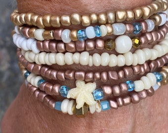 seed bead bracelets set of 7 stretch bracelets neutral bracelets boho chic women's bracelet Lavish Lucy Designs soft rose gold bohemian