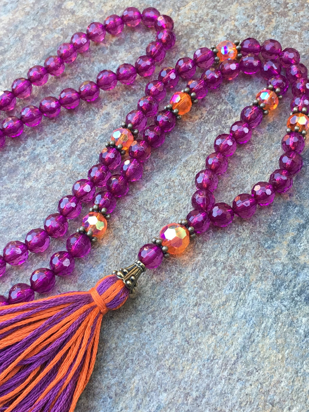 Long Beaded Necklace With Tassel Necklace Game Day Necklace Orange & Purple Beads Bohemian Style
