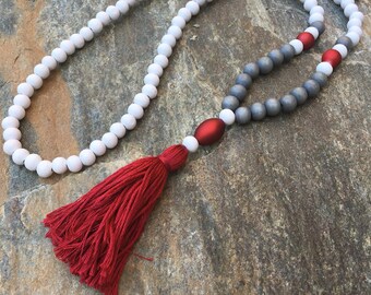 Wood Beaded Tassel Necklace: Crimson Red, Bohemian Mala