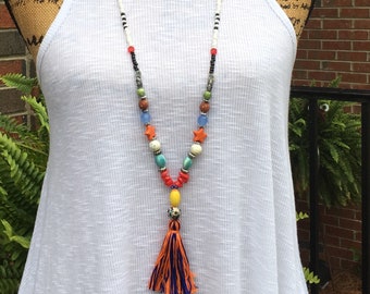 Long Beaded tassel necklace black white necklace seed bead necklace Bohemian necklace boho colorful glass hippie style peace sign love