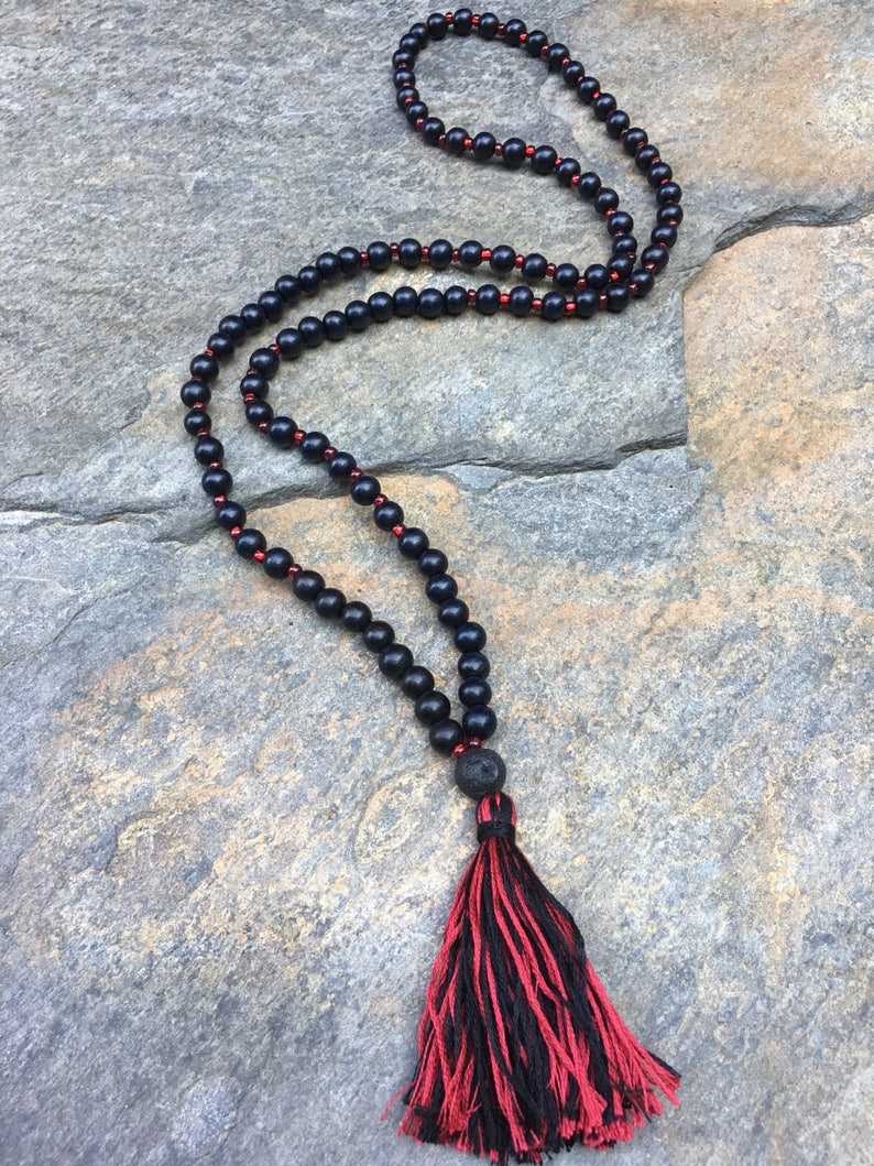 Long Beaded tassel necklace red /& black wood beaded necklace Bohemian necklace boho necklace ladies jewelry Game Day necklace lava stone