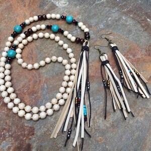 Long beaded leather tassel necklace glass beads wood beads turquoise blue stone bohemian tassel necklace boho jewelry tassel necklace image 4