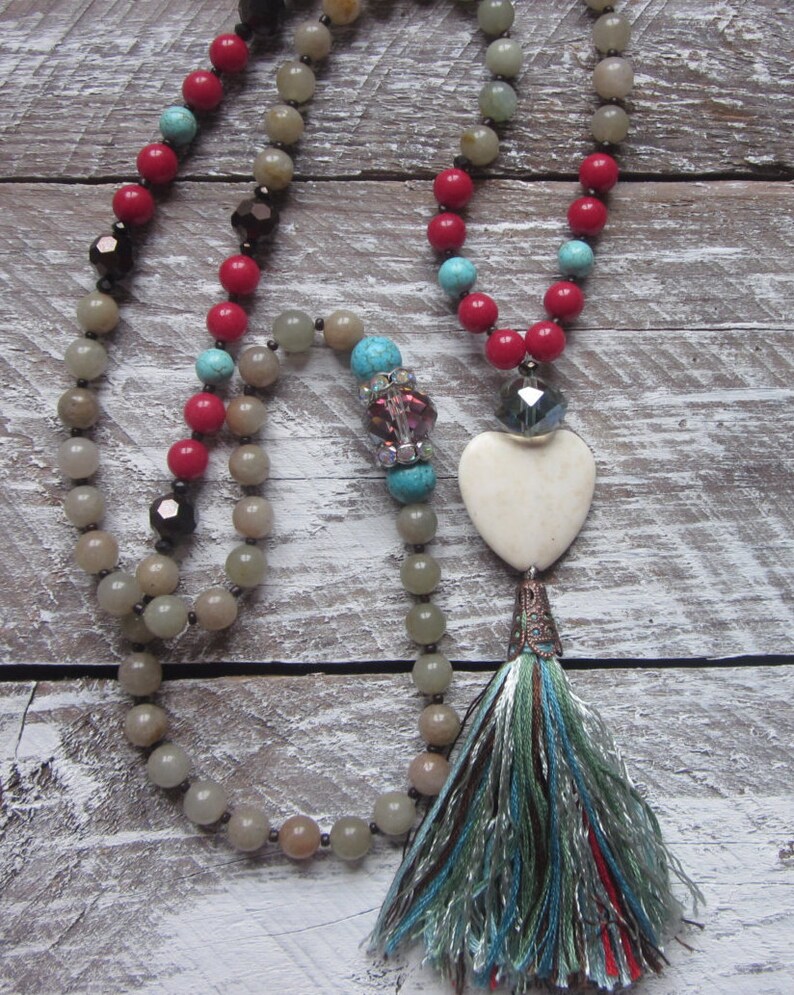 long beaded tassel necklace green Aventurine red jade blue & white turquoise Heart stone country chic bohemian long beaded tassel necklace image 1