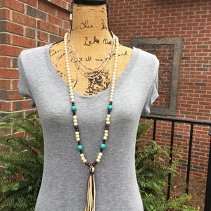 Long beaded leather tassel necklace glass beads wood beads turquoise blue stone bohemian tassel necklace boho jewelry tassel necklace image 6