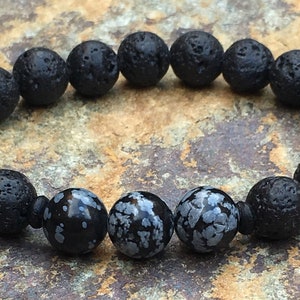 Lava Stone & Snowflake Obsidian Beaded Bracelet: Calming Yoga Jewelry