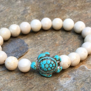 turtle bracelet cream river stone beaded bracelet bohemian bracelet turquoise sea turtle stretch bracelet lavish Lucy Designs boho beach