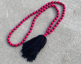 Long Beaded necklace with tassel hot pink necklace black tassel necklace Bohemian necklace  fluffly tassel