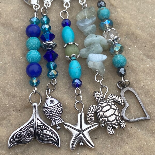 something blue beach bride bouquet charms keychains Hair charms hippie hair crystals keyring charms blue lapis starfish turtle whale tail