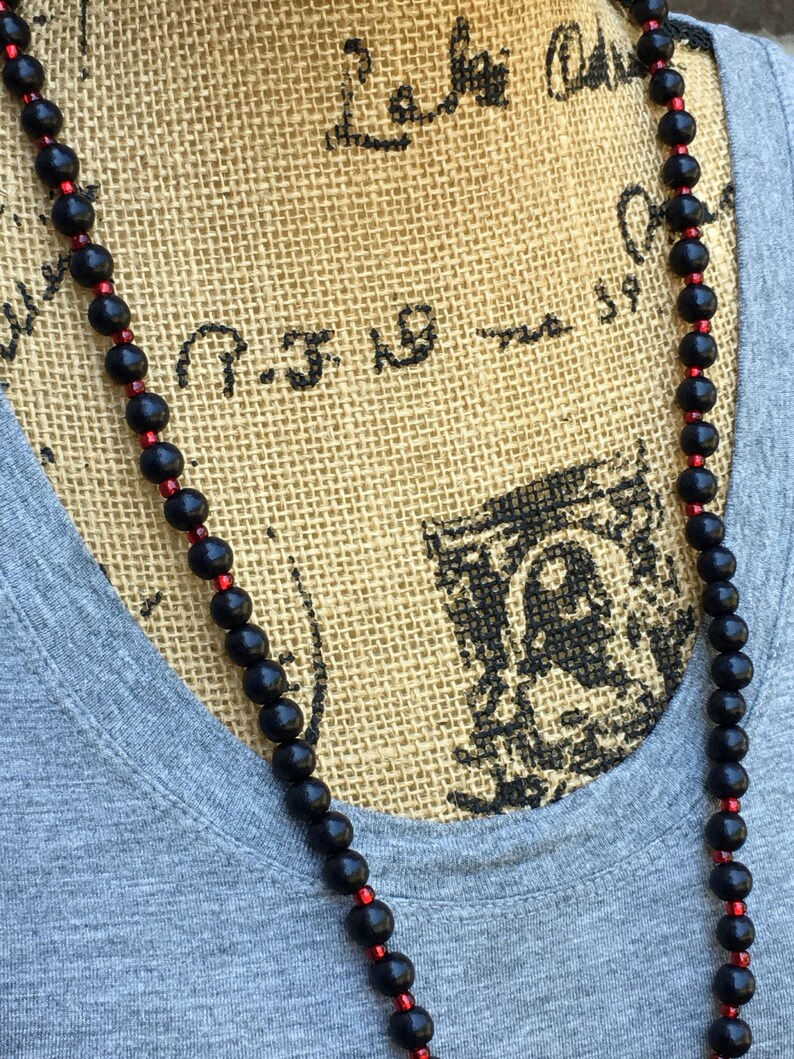 Long Beaded tassel necklace red /& black wood beaded necklace Bohemian necklace boho necklace ladies jewelry Game Day necklace lava stone