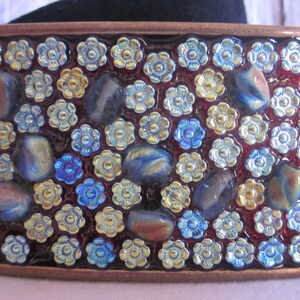 Beaded Belt buckle embellished belt buckle Pressed glass flowers aqua / turquoise glass beaded belt buckle OOAK bohemian  belt buckle