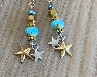 silver and  gold star earrings dangle earrings beach blue aqua glass beads