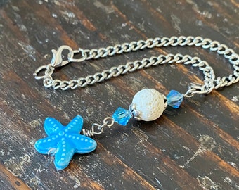 Starfish car charm rear view mirror beaded car charms ocean blue glass lava stone beaded bohemian car hanging beach decor mirror charms