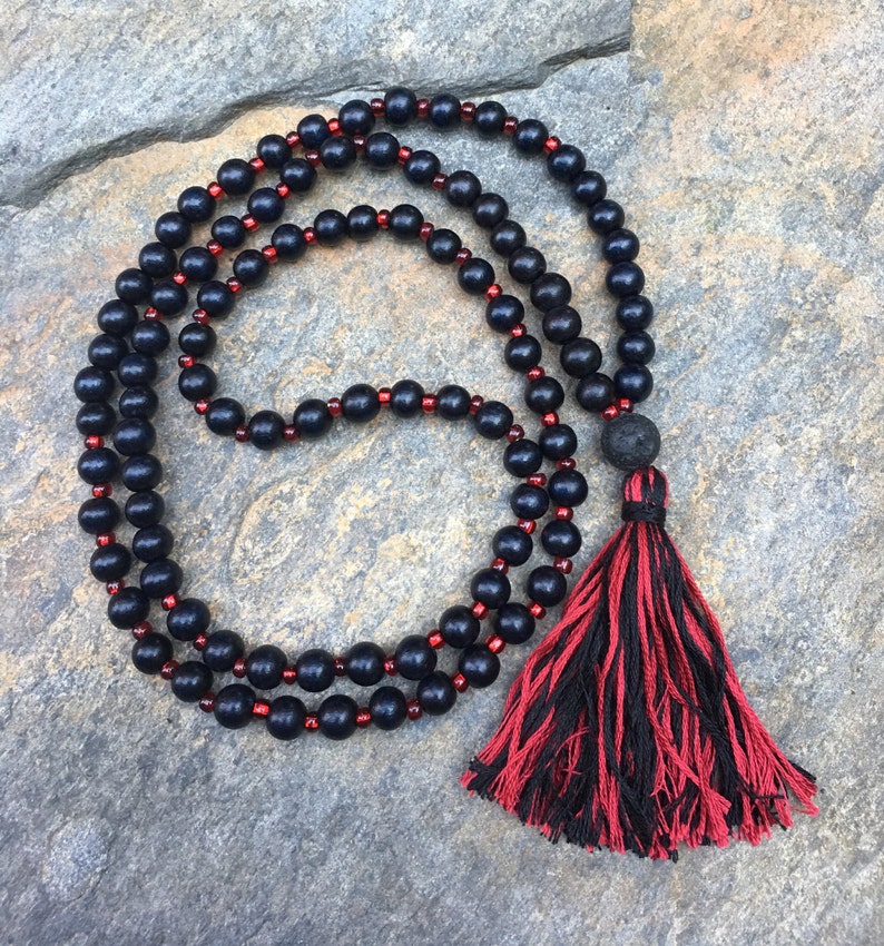 Long Beaded tassel necklace red /& black wood beaded necklace Bohemian necklace boho necklace ladies jewelry Game Day necklace lava stone