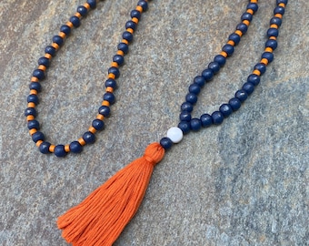 Long Beaded Tassel Necklace: Navy Blue & Orange Game day Wood Necklace