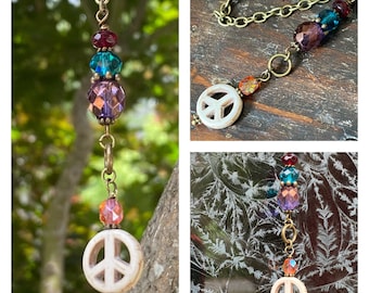 rear view mirror charm peace sign car decor sun catcher  beaded red  orange & teal vehicle charms protective truck charm gift for him her