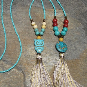 long beaded tassel necklace turquoise necklace boho necklace owl silk tassel necklace coral necklace earthy beaded bohemian necklace image 1