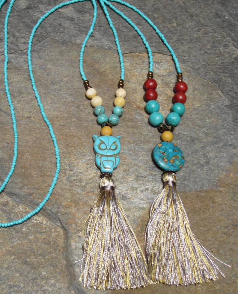 long beaded tassel necklace turquoise necklace boho necklace owl silk tassel necklace coral necklace earthy beaded bohemian necklace image 1