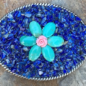 Blue Sodalite Stone Chip Belt Buckle: Turquoise Flower, Pink Rose