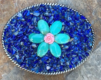 blue stone beaded belt buckle turquoise blue green stone pink rose bud flower belt buckle bohemian belt buckle women's belt buckle ladies