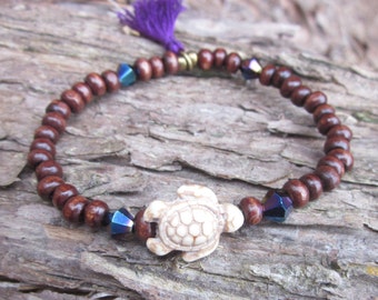 turtle bracelet brown wooden beads creamy white stone sea turtle jewelry glass beaded bracelet mens bracelet women's boho stretch bracelets