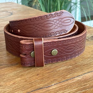 Tooled Leather Belt Strap: Brown Cowhide Snap Belt (32 inch)