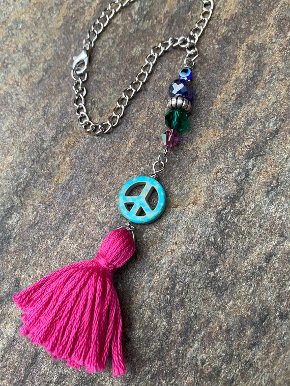 Rear View Mirror Charm Peace Sign Car Beaded Evil Eye Car Charm Beaded Evil Eye, Peace Sign Rear View Mirror Charm