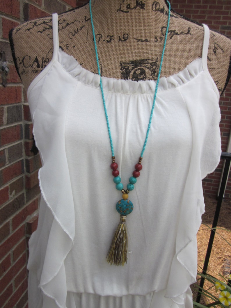 long beaded tassel necklace turquoise necklace boho necklace owl silk tassel necklace coral necklace earthy beaded bohemian necklace image 3