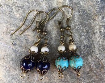stone earrings turquoise navy blue antiqued gold everyday earrings bohemian earrings boho jewelry  victorian wedding