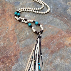 Long beaded leather tassel necklace glass beads wood beads turquoise blue stone bohemian tassel necklace boho jewelry tassel necklace image 5