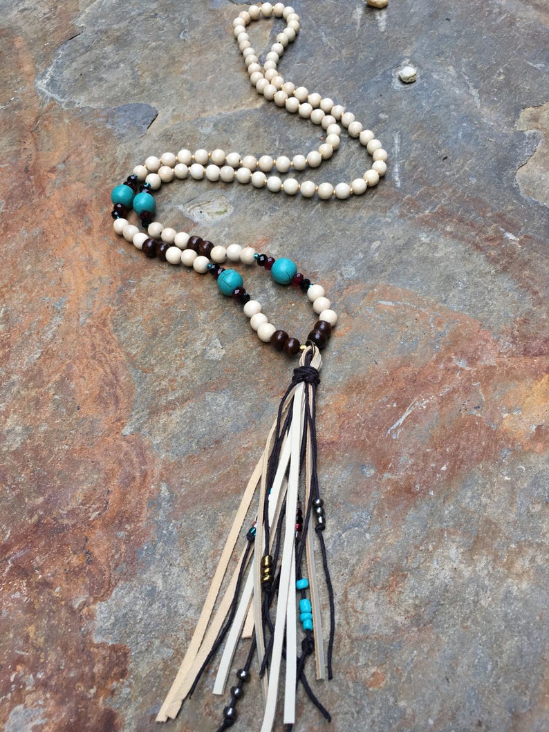 Long beaded leather tassel necklace glass beads wood beads turquoise blue stone bohemian tassel necklace boho jewelry tassel necklace image 5