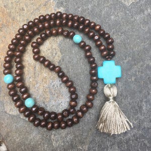 Wooden Mala Prayer Beads: Turquoise Cross Necklace with Cotton Tassel