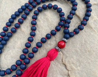 Navy blue & red necklace Long Beaded tassel necklace game day necklace women's necklace red tassel Bohemian custom team colors