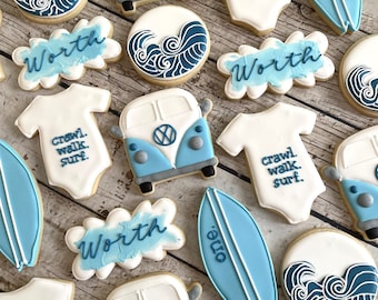 Beach Baby Cookies | Surf Baby Cookies | Crawl Walk Surf | Baby Shower Cookies | One Dozen