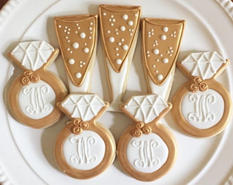 Engagement Cookies | Wedding Cookies | Champagne Cookies | Diamond Ring Cookies | Bachelorette Cookies | One Dozen