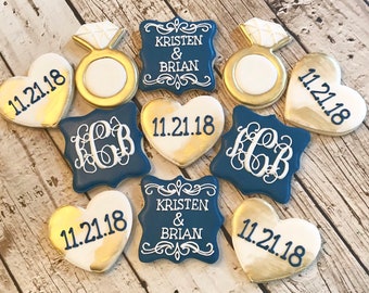 Engagement Cookies | Wedding Cookies | Monogram Cookies | Diamond Ring Cookies | Bachelorette Cookies | One Dozen