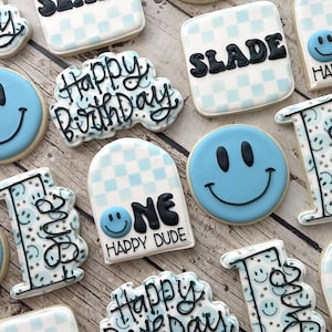 Retro Birthday Cookies | One Happy Dude Cookies | Personalized Groovy Cookies | First Birthday Party | Smiley Face Birthday | Custom Cookies
