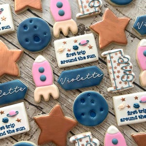 First Trip Around the Sun Cookies | Personalized Space Cookies | Custom First Birthday Cookies | Outer Space Birthday Party