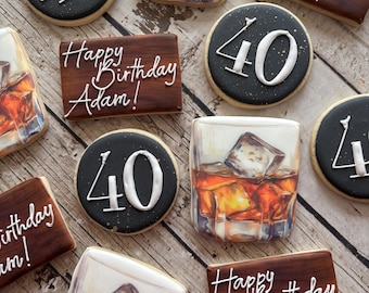 Bourbon Birthday Cookies | Whiskey Birthday Cookies | 40th Birthday | 50th Birthday | Men’s Birthday Gift | Bourbon Cookies | One Dozen