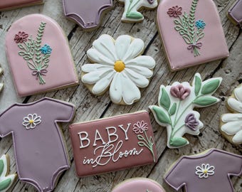Baby in Bloom Cookies | Personalized Baby Girl Cookies | Baby Shower Cookies | Floral Baby Shower | Birthday Cookies | One Dozen