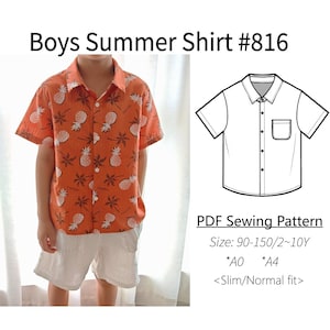 Boys Summer Shirt #816-PDF Sewing Pattern-digital PDF files-Size90-150/Age2-10Y-with video tutorial