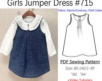 Girls Jumper Dress #715-PDF Sewing Pattern-digital PDF file-Size80-140/Age1-8Y_Video Tutorial