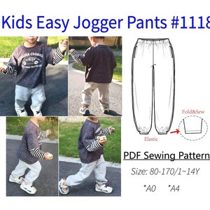 Patrón de costura en PDF para pantalones deportivos fáciles de usar para niños n.º 1118, archivo PDF digital, talla 80-170, edad 1-14 años, niñas y niños