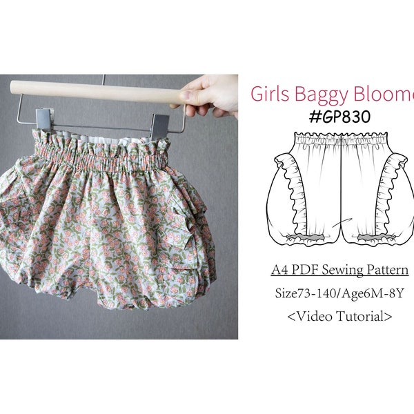Video Tutorial-Girls Cotton/Linen Baggy Bloomer Shorts PDF Sewing Pattern #GP830-digital PDF file-Size73-140/Age6M-8Y