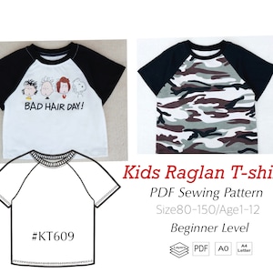 May include: A PDF sewing pattern for a kids' raglan t-shirt. The pattern includes sizes 80-150, which is suitable for ages 1-12. The pattern is beginner level and includes instructions for making the t-shirt. The image shows a white t-shirt with black sleeves and a cartoon graphic that says "Bad Hair Day!" and a camouflage t-shirt with black sleeves.