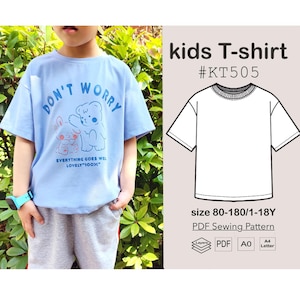 Kids Girls Boys Teenager Drop Shoulder T-shirt PDF Sewing Pattern #KT505-digital PDF file-Size80-180/Age1-18Y-with video tutorial