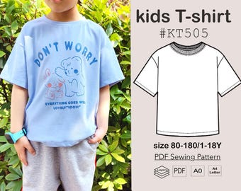 Kids Girls Boys Teenager Drop Shoulder T-shirt PDF Sewing Pattern #KT505-digital PDF file-Size80-180/Age1-18Y-with video tutorial