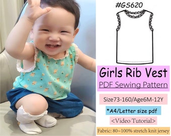 Girls Rib Vest PDF Sewing Pattern #GS620-Size73-160/Age6M-12Y-Video Tutorial