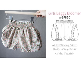 Video Tutorial-Girls Cotton/Linen Baggy Bloomer Shorts PDF Sewing Pattern #GP830-digital PDF file-Size73-140/Age6M-8Y