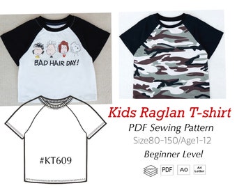 Kids Girls Boys Raglan Summer T-shirt PDF Sewing Pattern #KT609-digital PDF file-Size80-150/Age1-12